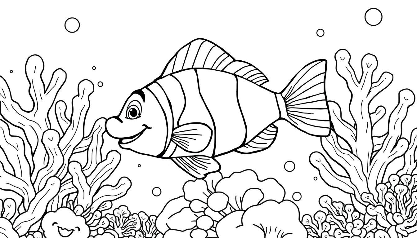 Un dessin au trait d'un poisson-clown heureux nageant dans un récif corallien, style livre de coloriage.
