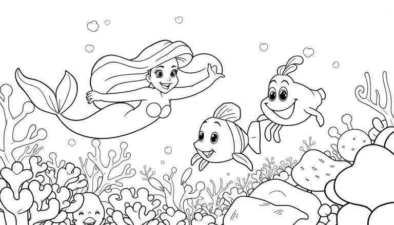 Dessin au trait d'une sirène souriante nageant avec deux poissons dans un récif corallien, style livre de coloriage.