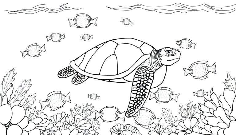 Dessin au trait d'une tortue marine nageant avec des poissons et des plantes aquatiques, un panneau coloré pour l'imagination.
