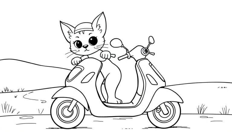 Un chat mignon conduit un scooter, dans un style de dessin au trait en noir et blanc, parfait pour une page à colorier.