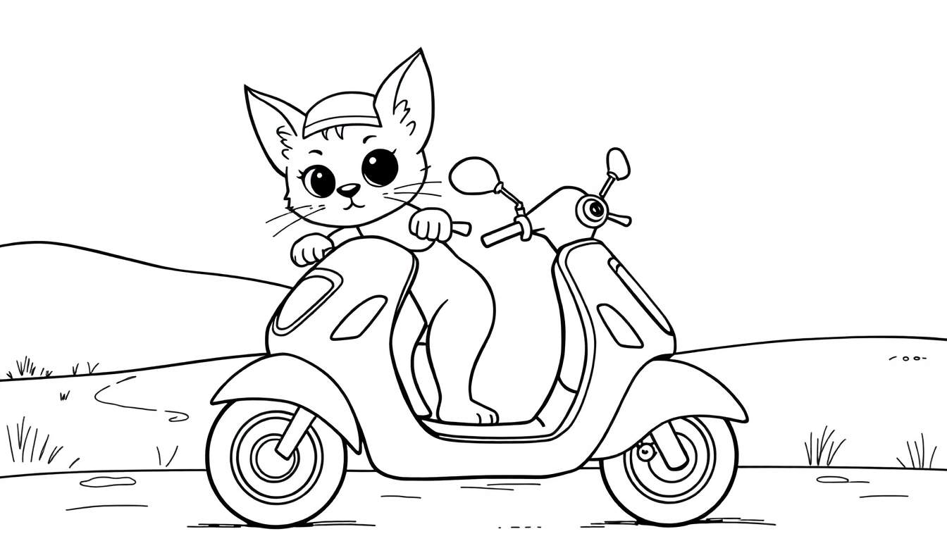 Un chat mignon conduit un scooter, dans un style de dessin au trait en noir et blanc, parfait pour une page à colorier.