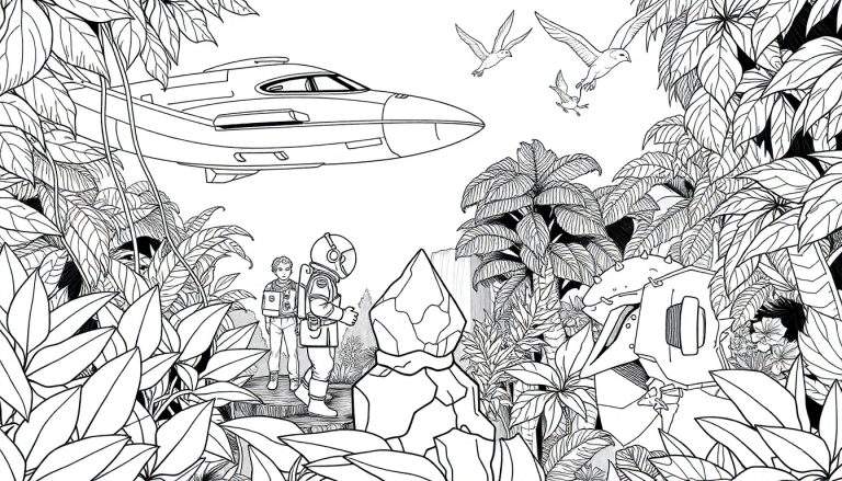 Astronaute et voyageur explorant une planète extraterrestre luxuriante avec une cascade et un vaisseau spatial, un coloriage color panel.