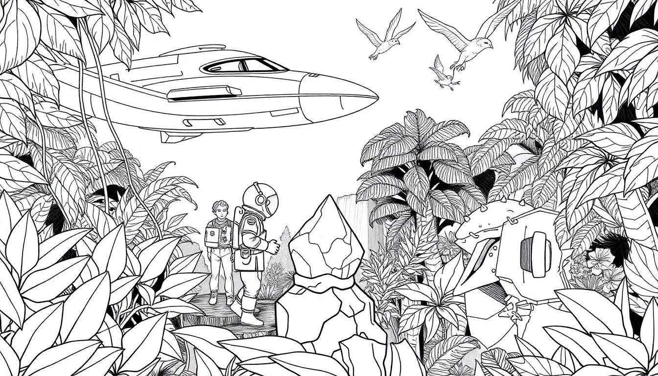 Astronaute et voyageur explorant une planète extraterrestre luxuriante avec une cascade et un vaisseau spatial, un coloriage color panel.