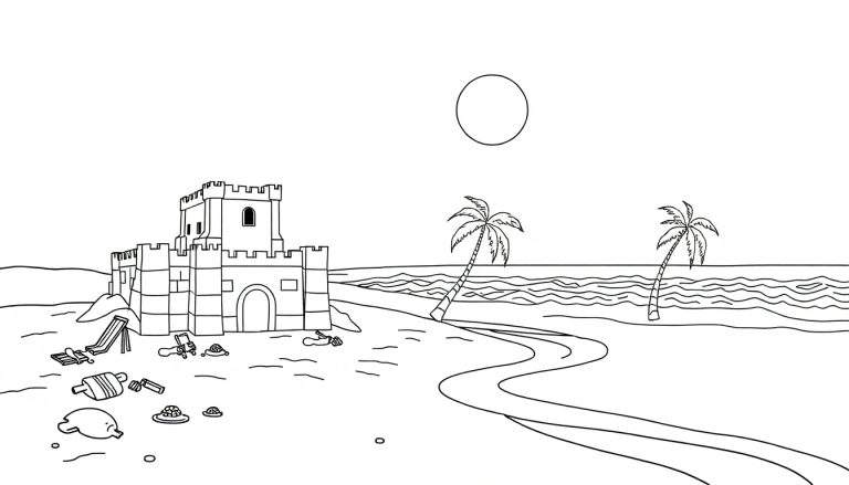 Un dessin au trait d'une scène de plage ensoleillée avec un château de sable, des palmiers inclinés et l'océan.
