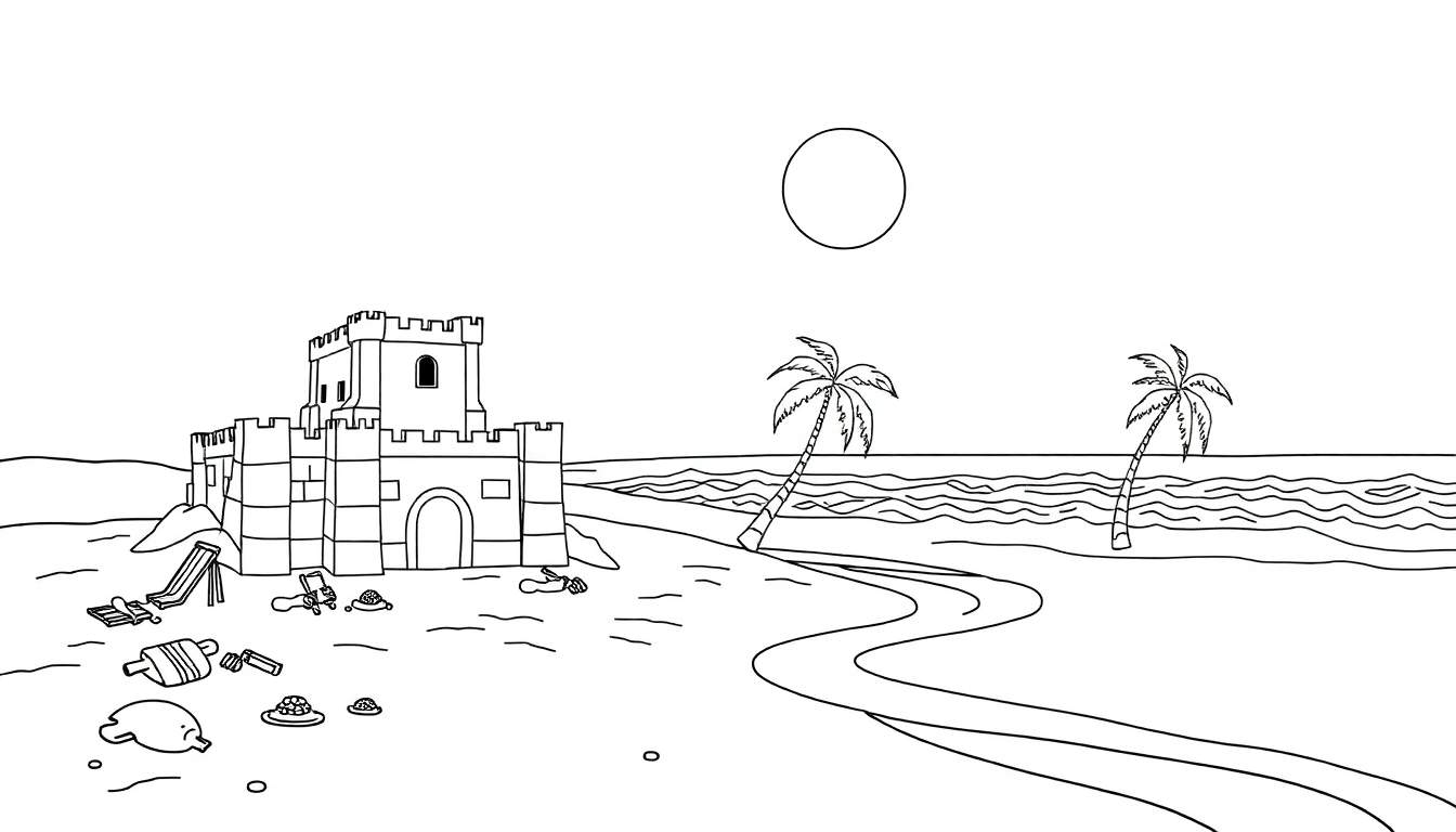 Un dessin au trait d'une scène de plage ensoleillée avec un château de sable, des palmiers inclinés et l'océan.