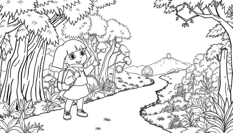 Dora l'exploratrice sur un chemin en forêt, prête pour une aventure colorée.