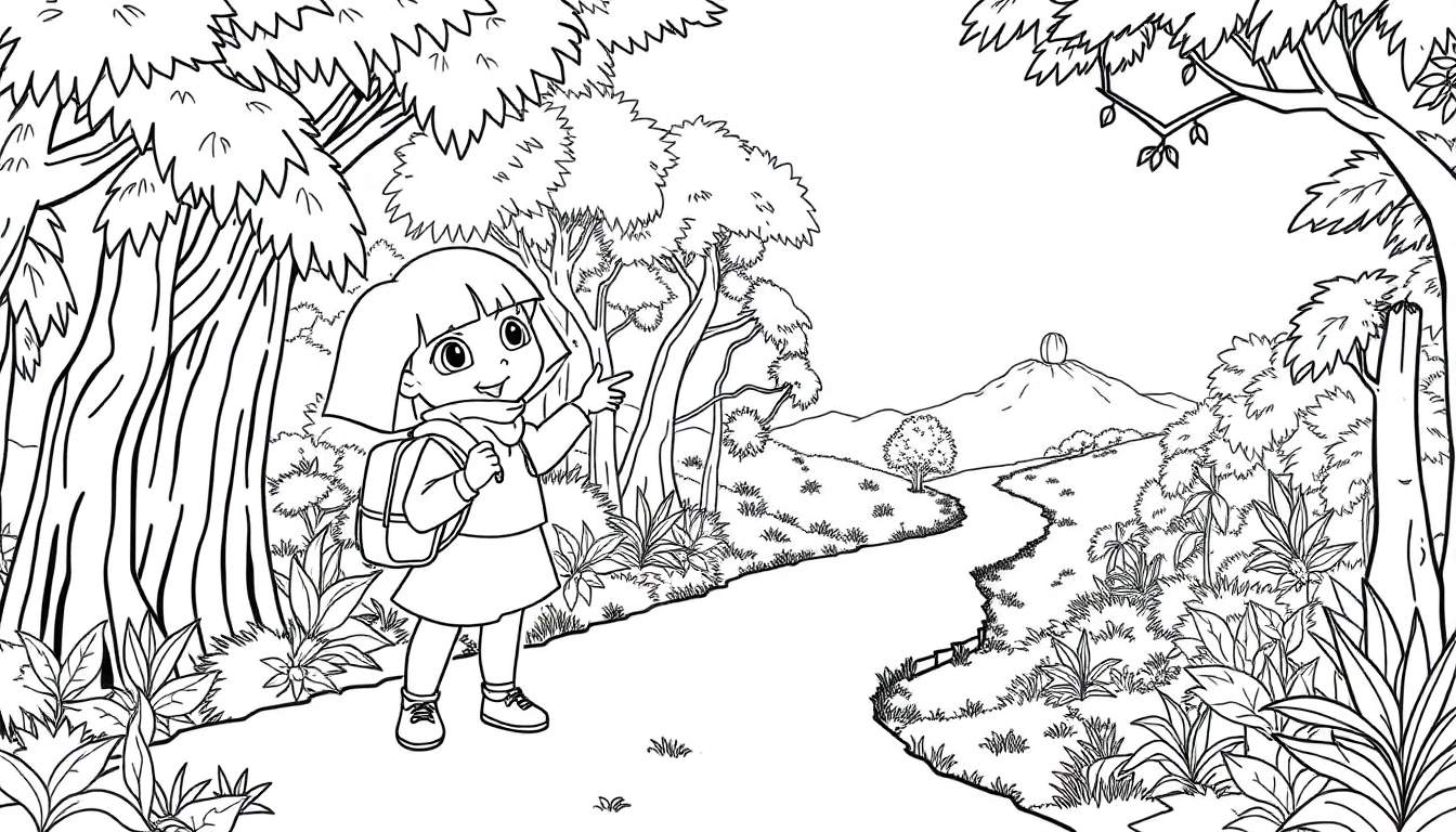 Dora l'exploratrice sur un chemin en forêt, prête pour une aventure colorée.