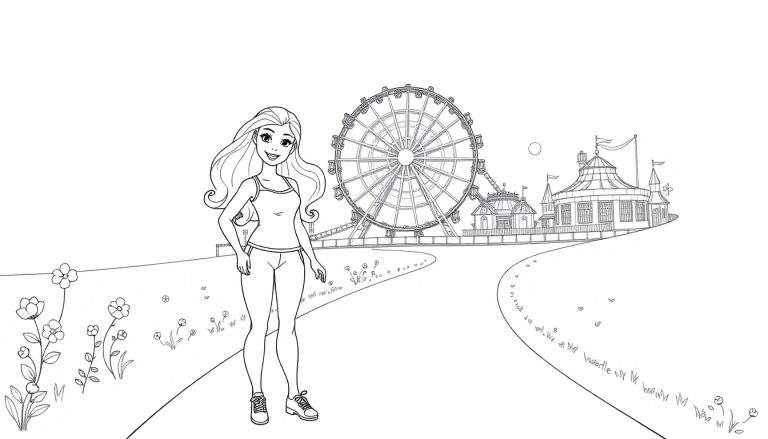 Color panel drawing of a girl at a funfair.