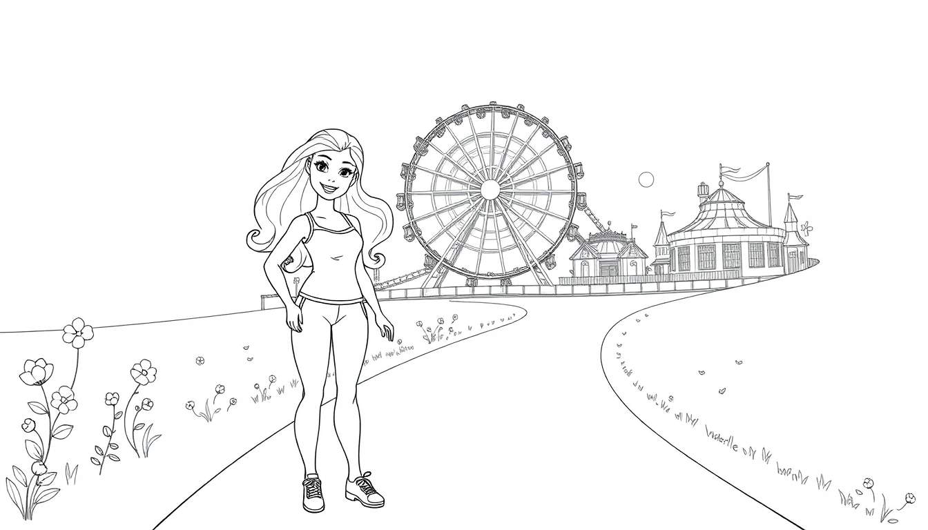 Color panel drawing of a girl at a funfair.
