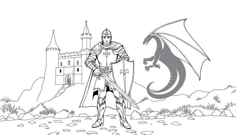Chevalier courageux face à un dragon devant un château, prêt pour une aventure à colorier.
