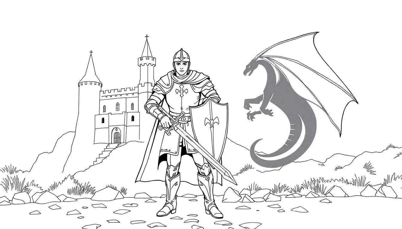 Chevalier courageux face à un dragon devant un château, prêt pour une aventure à colorier.