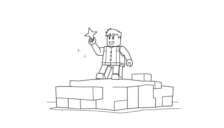 Un personnage de type Lego souriant tenant une étoile brillante sur une plateforme de blocs.