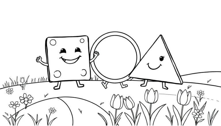 Dessin au trait d'un carré, d'un cercle et d'un triangle anthropomorphes souriants marchant ensemble dans un paysage printanier.