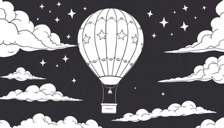 Montgolfière décorée d'étoiles flottant dans un ciel étoilé avec des nuages, style dessin pour un panneau de coloriage.