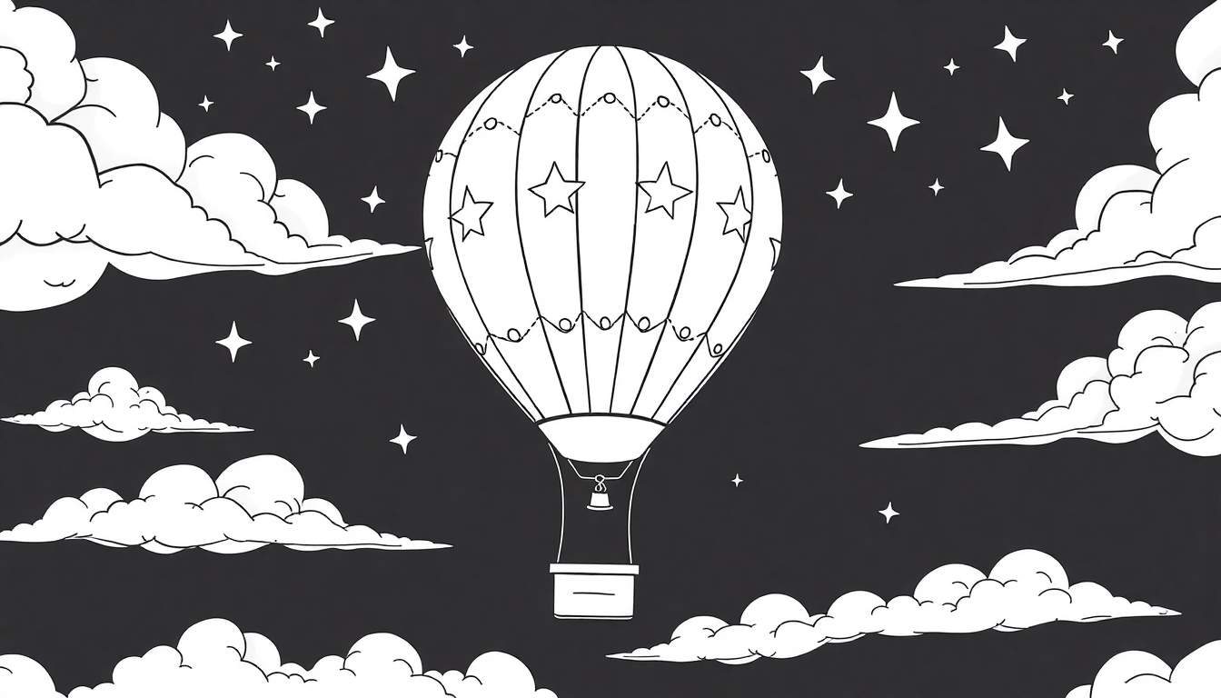 Montgolfière décorée d'étoiles flottant dans un ciel étoilé avec des nuages, style dessin pour un panneau de coloriage.