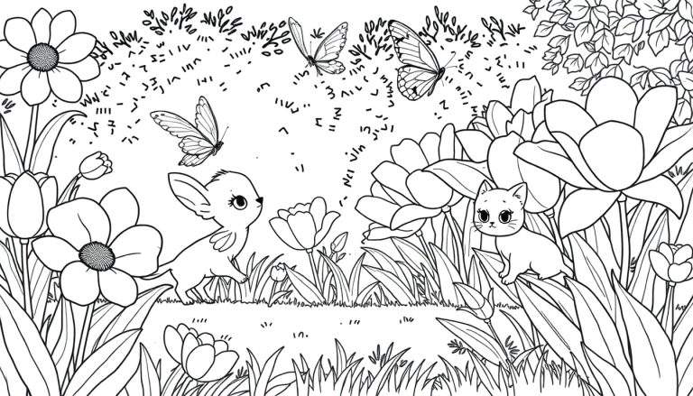 Dessin au trait d'un chiot et d'un chaton explorant un jardin avec des fleurs, des papillons et des feuillages, avec un panneau de couleur dans le style.