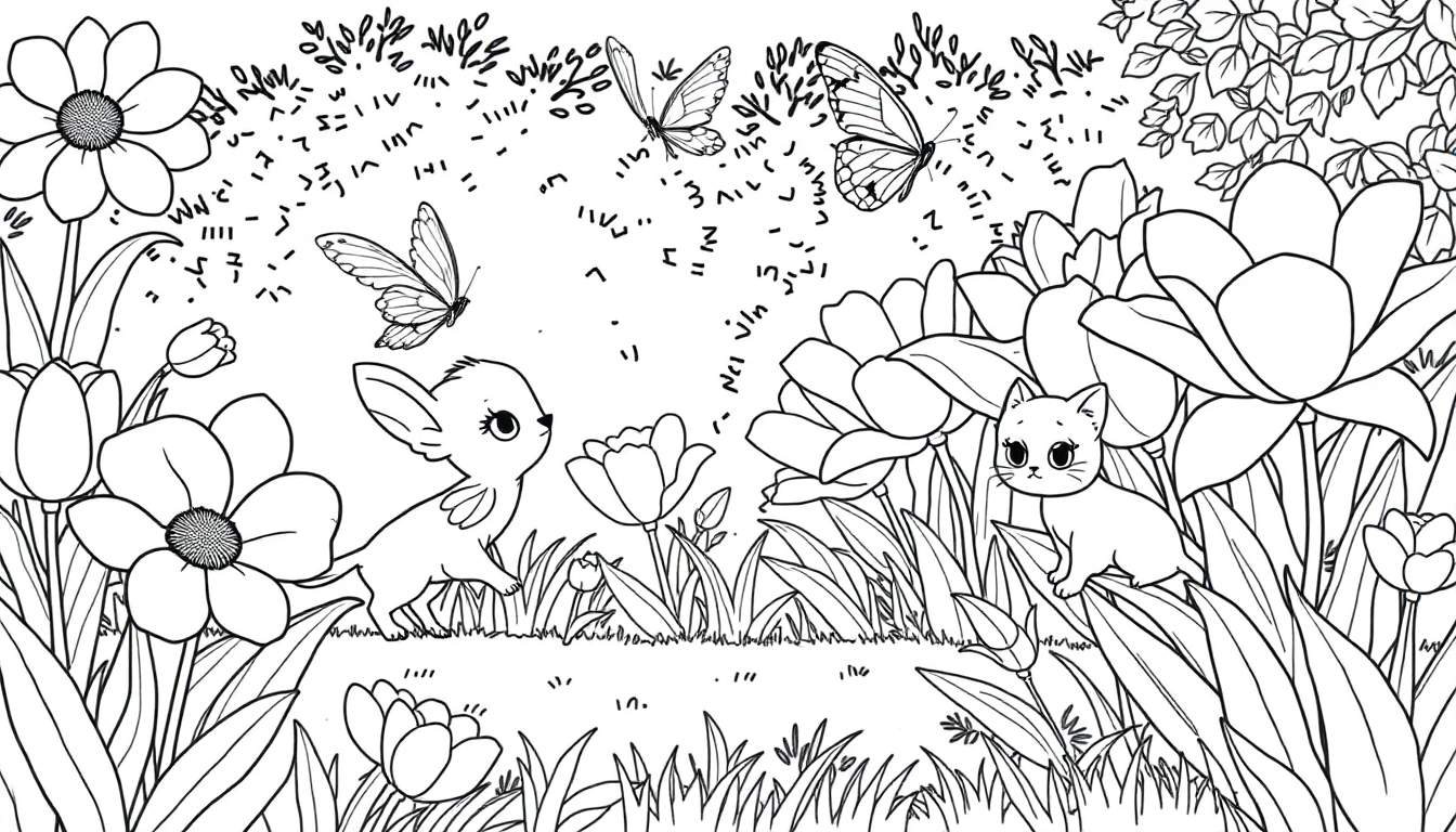 Dessin au trait d'un chiot et d'un chaton explorant un jardin avec des fleurs, des papillons et des feuillages, avec un panneau de couleur dans le style.