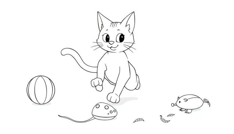 Un chaton joueur sautant joyeusement autour de jouets, prêt pour une session de coloriage sur ce color panel.