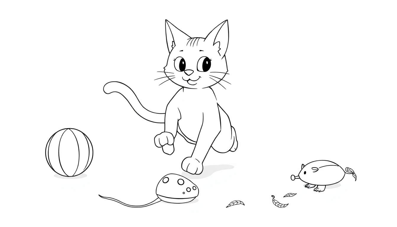 Un chaton joueur sautant joyeusement autour de jouets, prêt pour une session de coloriage sur ce color panel.