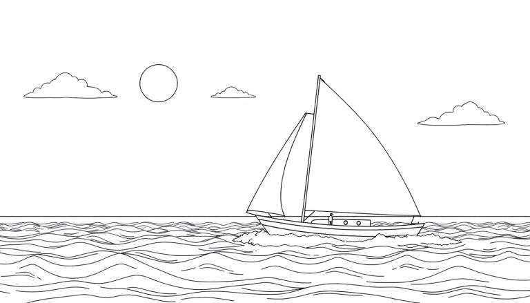 Un voilier coloré naviguant sur une mer bleue avec un soleil et des nuages dans un style dessin.