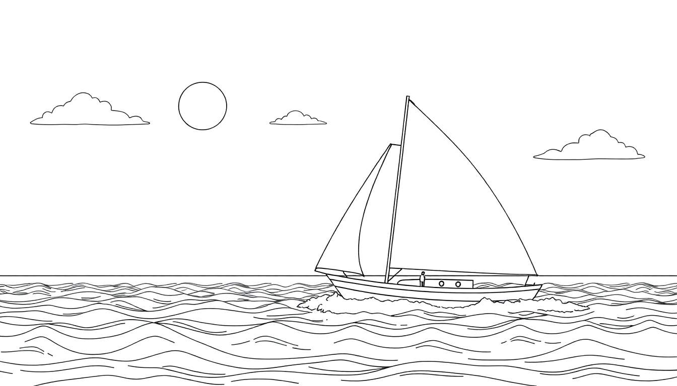 Un voilier coloré naviguant sur une mer bleue avec un soleil et des nuages dans un style dessin.