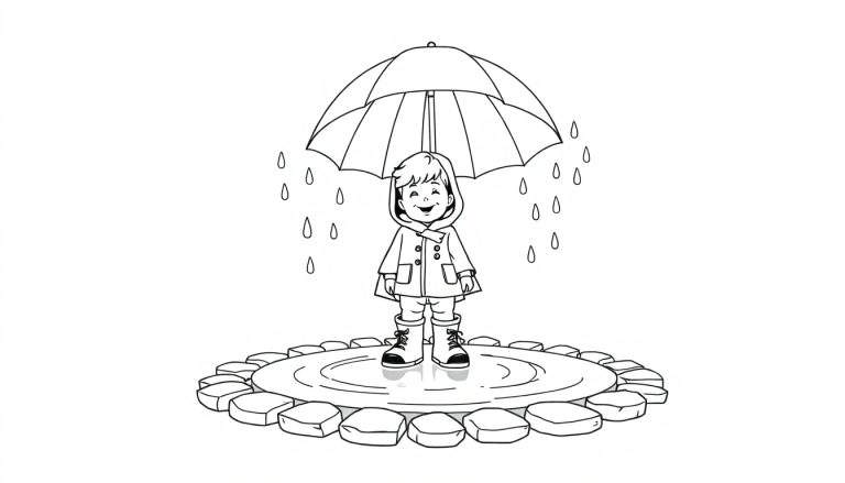 Enfant souriant sautant dans une flaque sous un parapluie, avec des bottes et un imperméable, dessin au trait simple avec un color panel.