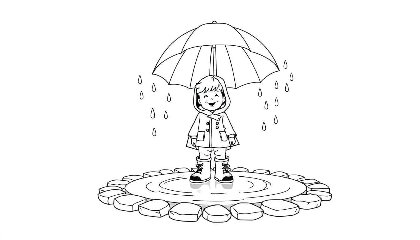 Enfant souriant sautant dans une flaque sous un parapluie, avec des bottes et un imperméable, dessin au trait simple avec un color panel.