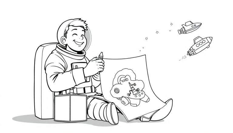 Un enfant en costume d'astronaute dessine une créature spatiale sur une page à colorier.