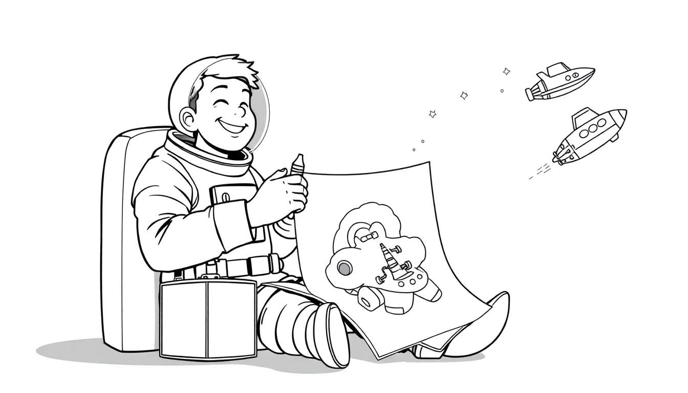 Un enfant en costume d'astronaute dessine une créature spatiale sur une page à colorier.
