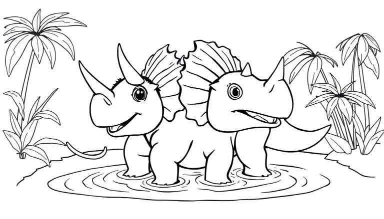 Dessin au trait d'adorables jumeaux Tricératops jouant dans l'eau tropicale, style color panel pour enfants.