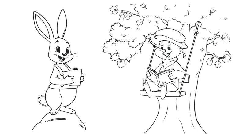 Lapin et écureuil dans un parc, livre de coloriage.