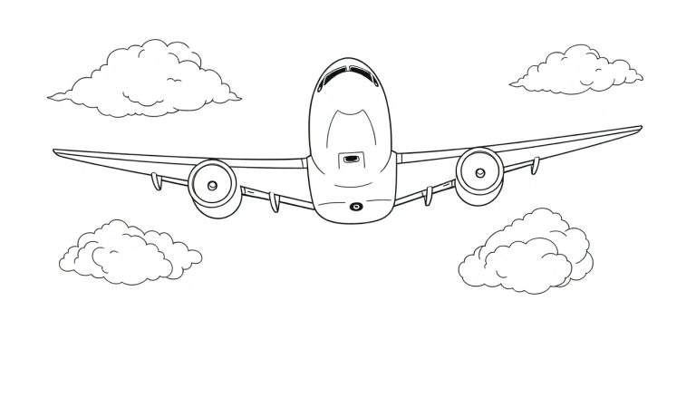 Un avion de ligne noir et blanc dessiné, volant à travers des nuages en forme de moutons. Style color panel.
