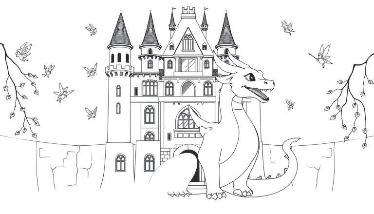Dessin au trait d'un dragon souriant devant un château de conte de fées avec des fées volantes, prêt pour le color panel.
