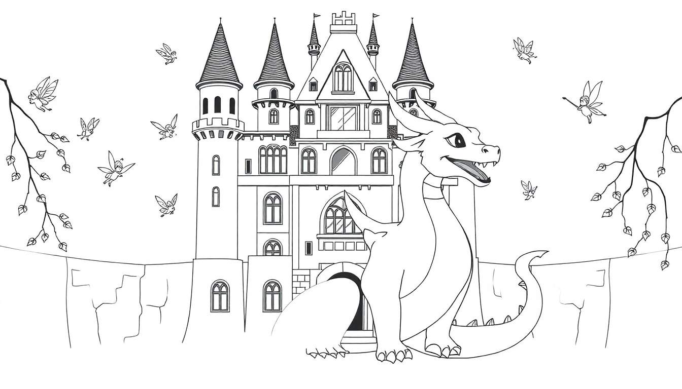 Dessin au trait d'un dragon souriant devant un château de conte de fées avec des fées volantes, prêt pour le color panel.