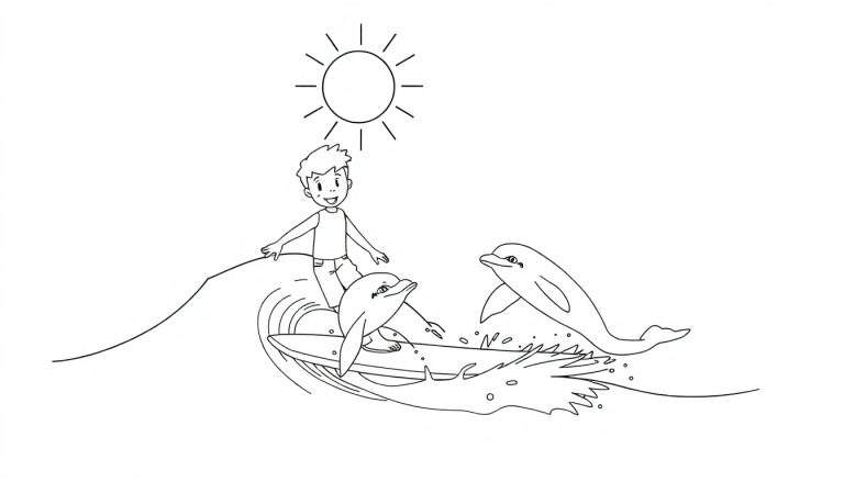 Un garçon souriant fait du surf avec deux dauphins, un soleil brille au-dessus.