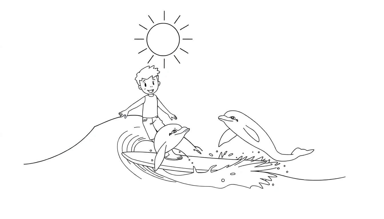 Un garçon souriant fait du surf avec deux dauphins, un soleil brille au-dessus.