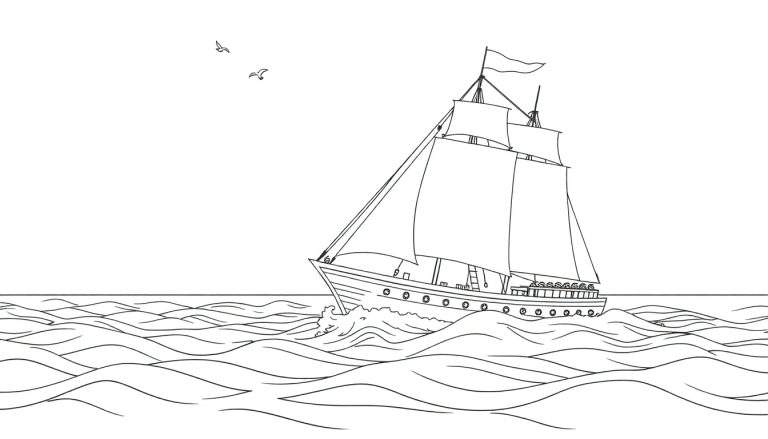 Dessin au trait d'un voilier à deux voiles sur des vagues, avec deux mouettes dans le ciel. Inclut un color panel.