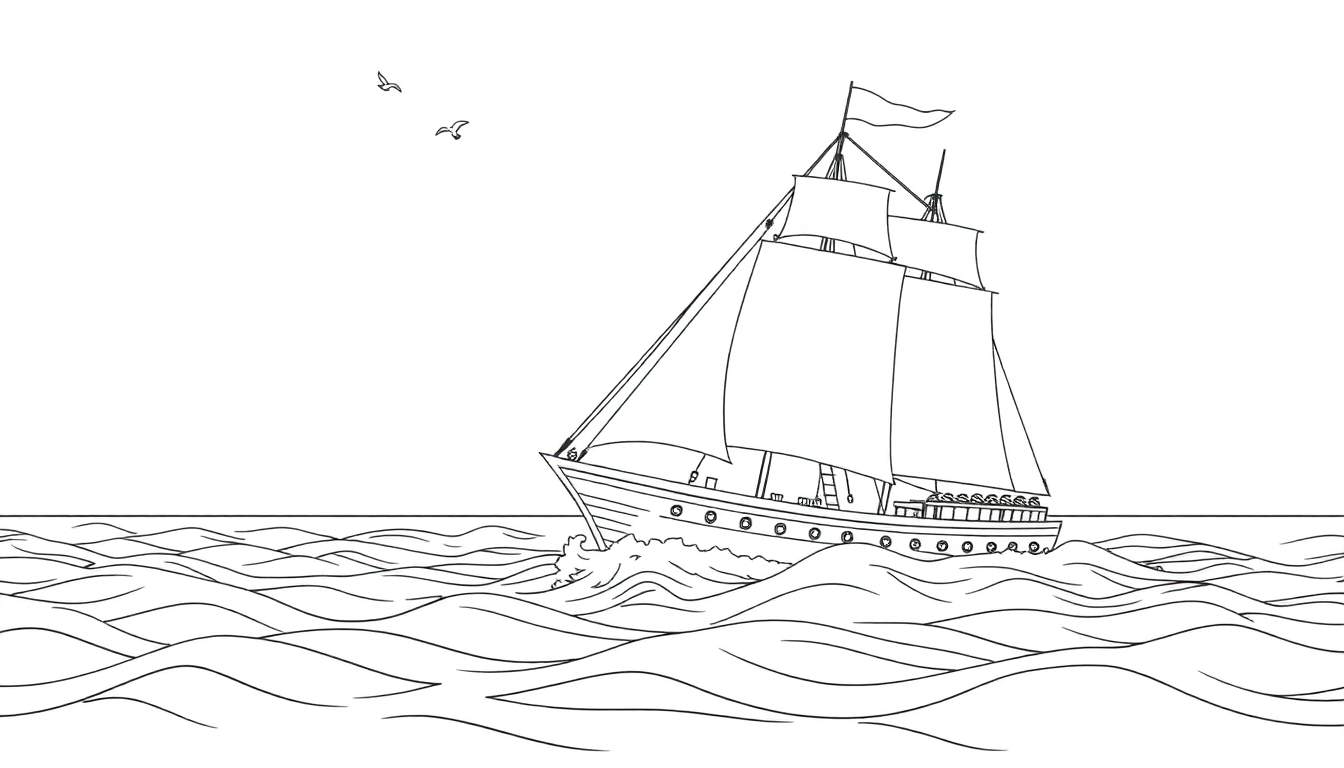 Dessin au trait d'un voilier à deux voiles sur des vagues, avec deux mouettes dans le ciel. Inclut un color panel.