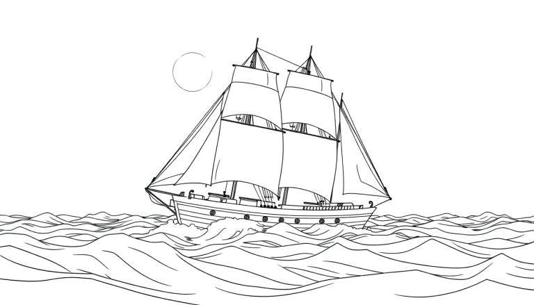 Un voilier noir et blanc dessiné à la main navigue sur des vagues sous un ciel avec un cercle.