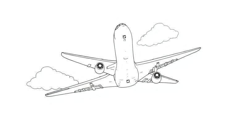 Un avion de ligne en noir et blanc vu d'en bas, avec des nuages autour. Panneau de coloriage.