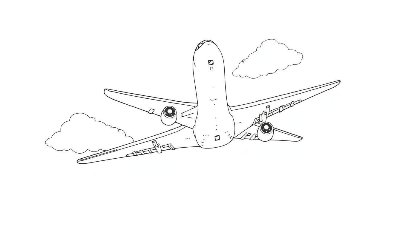 Un avion de ligne en noir et blanc vu d'en bas, avec des nuages autour. Panneau de coloriage.