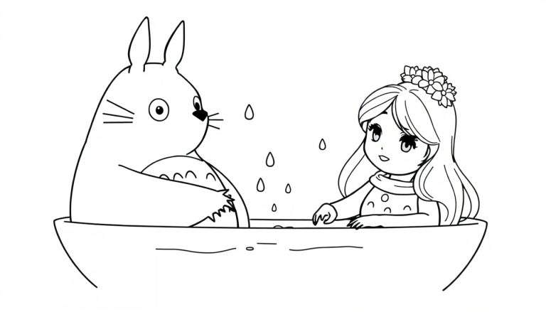 Dessin en noir et blanc d'une plaque couleur de Satsuki et Totoro prenant un bain.