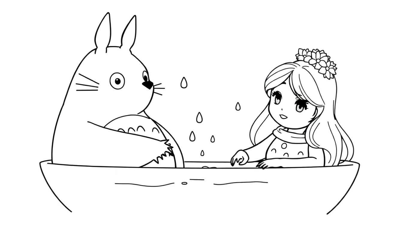 Dessin en noir et blanc d'une plaque couleur de Satsuki et Totoro prenant un bain.