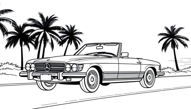 Voiture Mercedes-Benz SL décapotable classique en noir et blanc, près de la mer avec des palmiers.