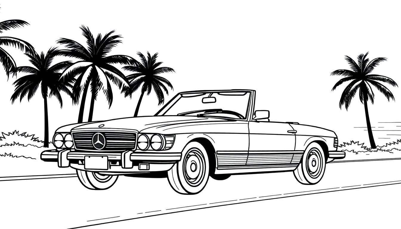 Voiture Mercedes-Benz SL décapotable classique en noir et blanc, près de la mer avec des palmiers.