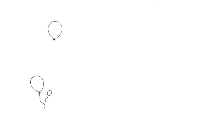 Trois ballons à encre noire sur fond blanc, un seul ballon sur le côté gauche à mi-hauteur et deux ballons en bas à gauche, dont un plus petit attaché à un plus grand.