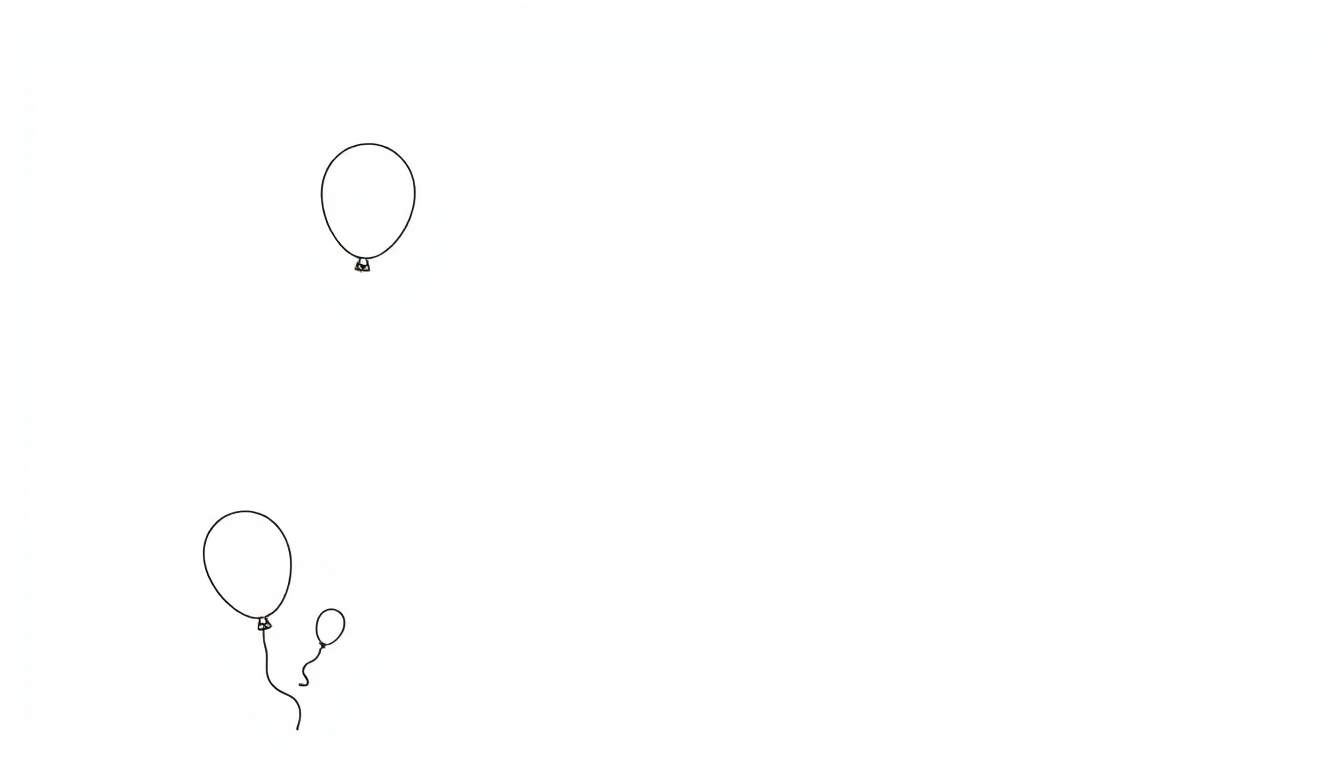 Trois ballons à encre noire sur fond blanc, un seul ballon sur le côté gauche à mi-hauteur et deux ballons en bas à gauche, dont un plus petit attaché à un plus grand.