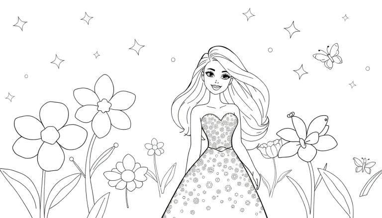 Dessin en noir et blanc de Barbie dans un jardin fleuri sous un ciel étoilé, un color panel.