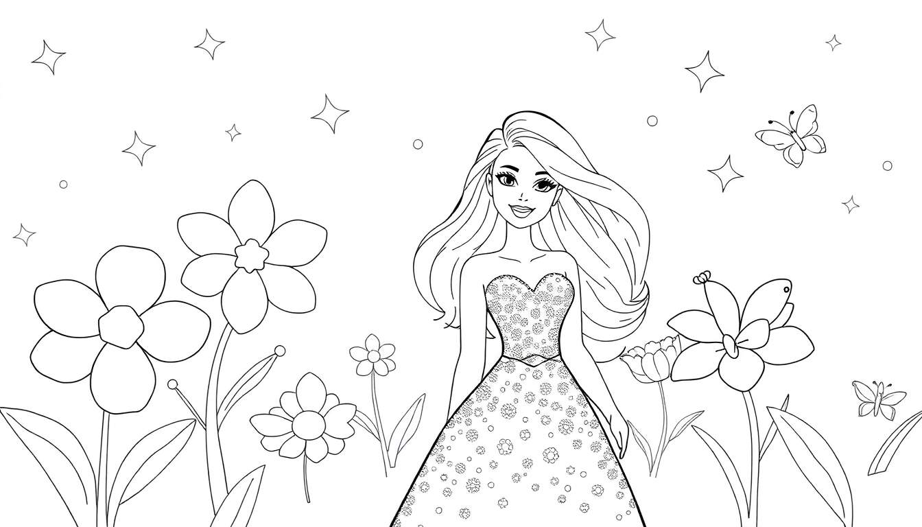 Dessin en noir et blanc de Barbie dans un jardin fleuri sous un ciel étoilé, un color panel.