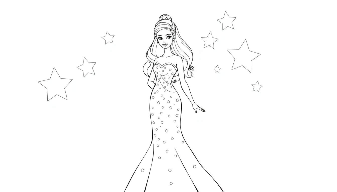 Dessin au trait d'une Barbie souriante, en robe de soirée ornée de petits cercles et étoiles, avec les cheveux relevés en chignon. Des étoiles de différentes tailles flottent autour d'elle sur un fond blanc, typique d'un color panel.